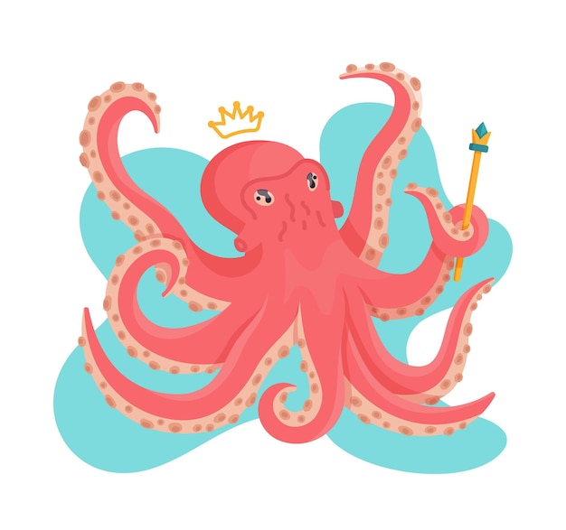 A sea animal with a crown and a stick in its tentacle Vector illustration of octopus