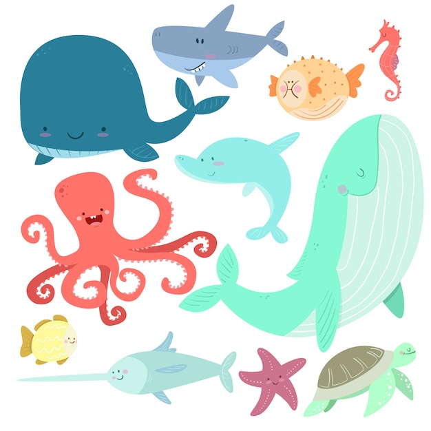 Sea animals in cartoon style