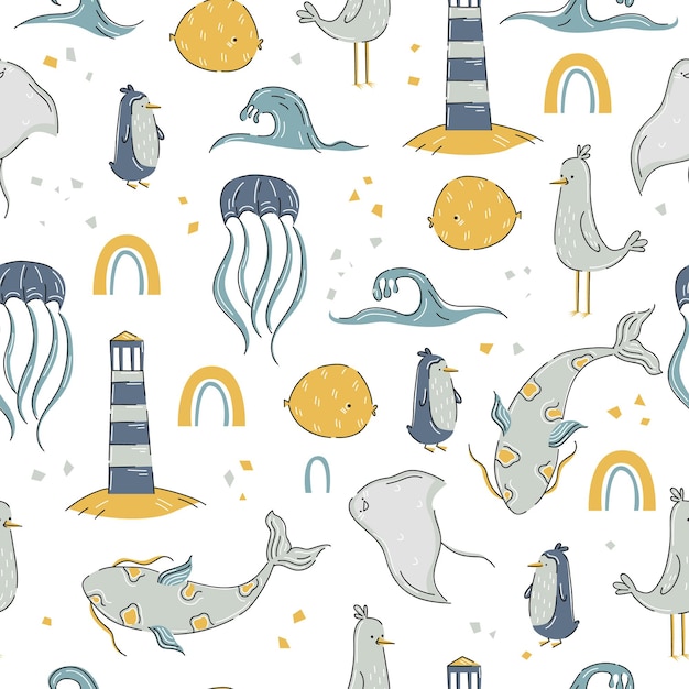 Sea animals pattern in cute hand drawn style on white background with fishes, lighthouse