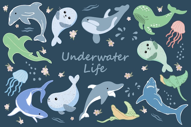 Sea animals set cute baby whales sharks rays and jellyfish on a blue background with flowers