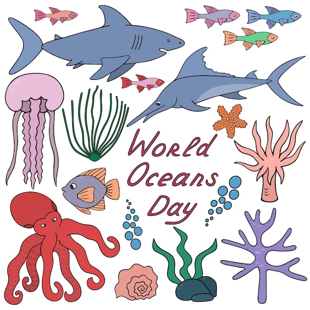 Sea animals and underwater organisms collection of illustrations in cartoon style