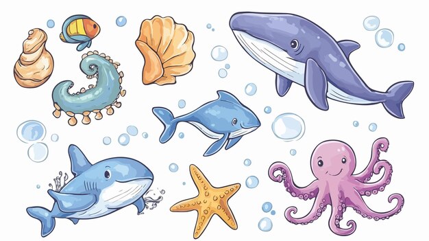 Vector sea animals vector set discover ocean life with majestic blue whale illustration