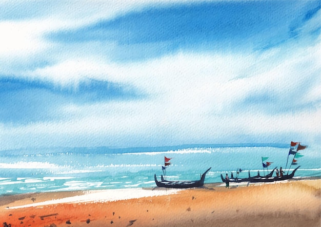 Sea beach at afternoon light watercolor background