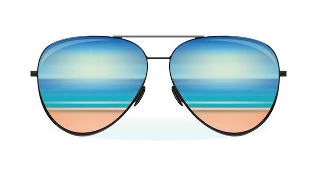 Sea and the beach are reflected in sunglasses