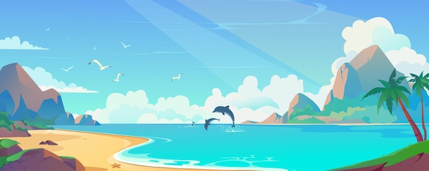 Vector sea beach background banner in cartoon design tropical sand lagoon landscape with palm trees mountain rocks with day clouds flying seagulls and jumping dolphins view vector cartoon illustration