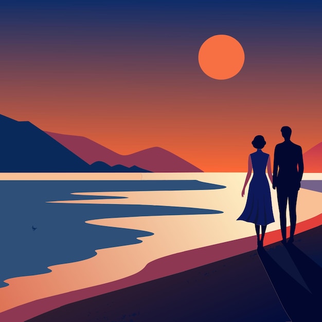 Vector sea beach sunset couple vector illustration flat 2