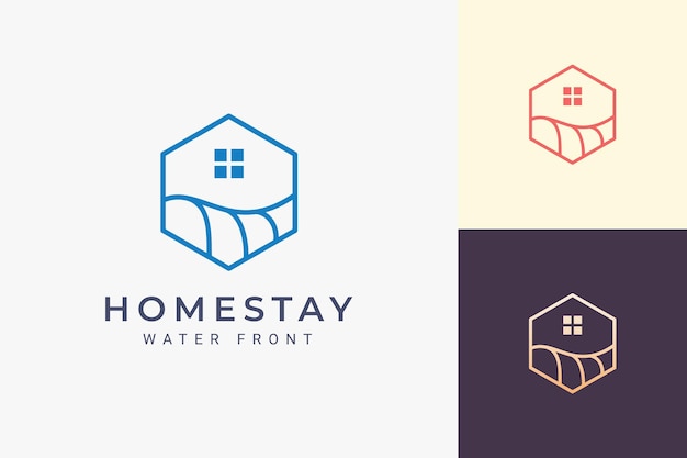 Sea or beach theme hotel logo in simple line and hexagon shape