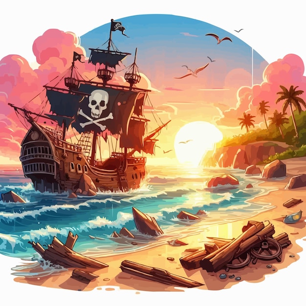 Sea beach with broken pirate ship at sunset