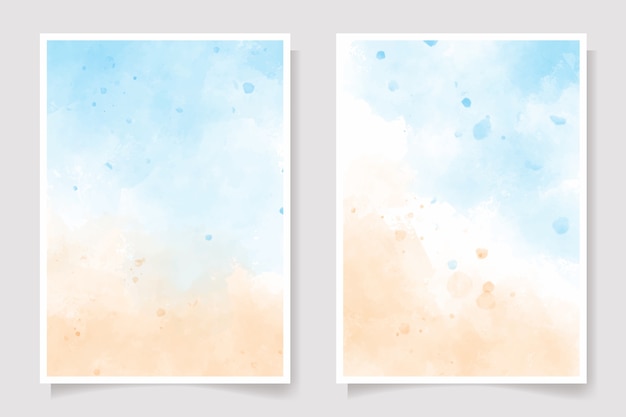 Sea blue sky and sand beach watercolor card