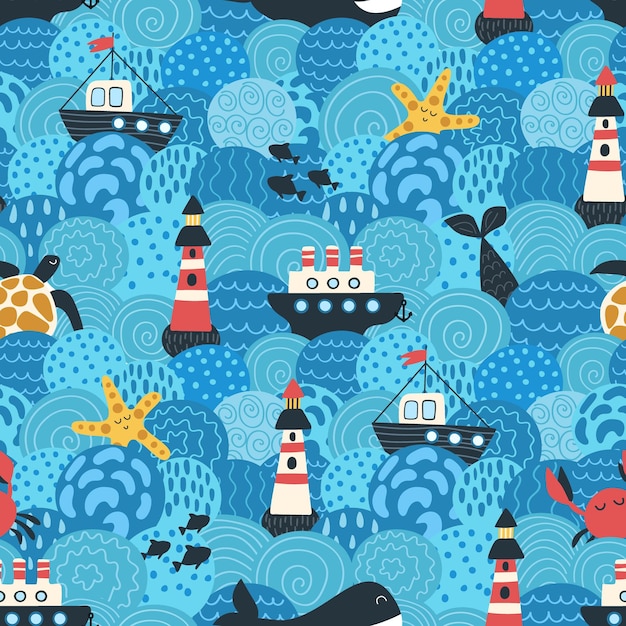 Sea boats and lighthouse Vector illustration seamless pattern