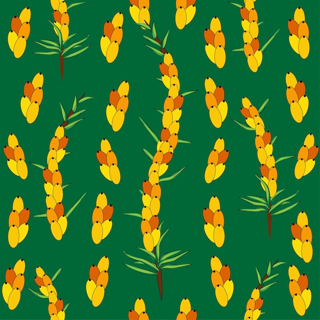 Sea buckthorn seamless pattern Twigs with berries and leaves Template with orange fresh berries for wallpaper