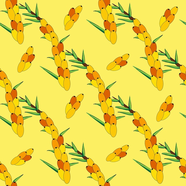 Sea buckthorn seamless pattern Twigs with berries and leaves Template with orange fresh berries for wallpaper