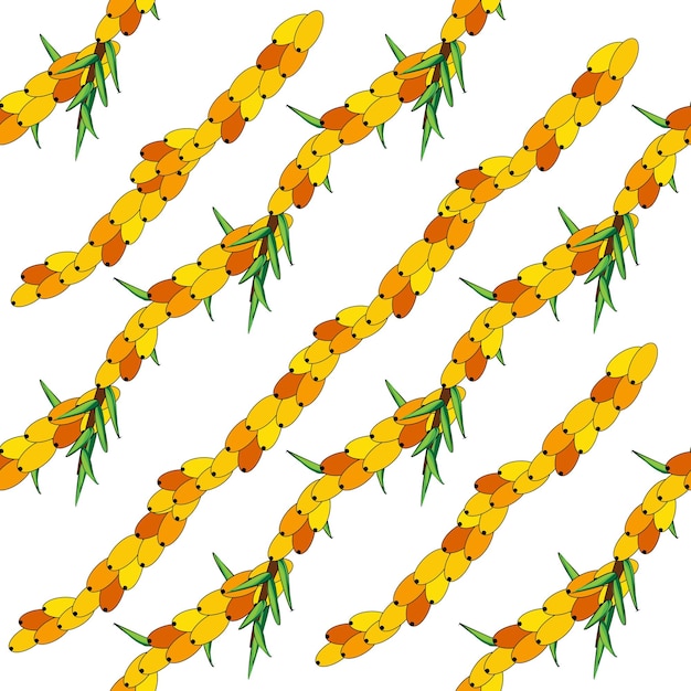 Vector sea buckthorn seamless pattern twigs with berries and leaves template with orange fresh berries for wallpaper