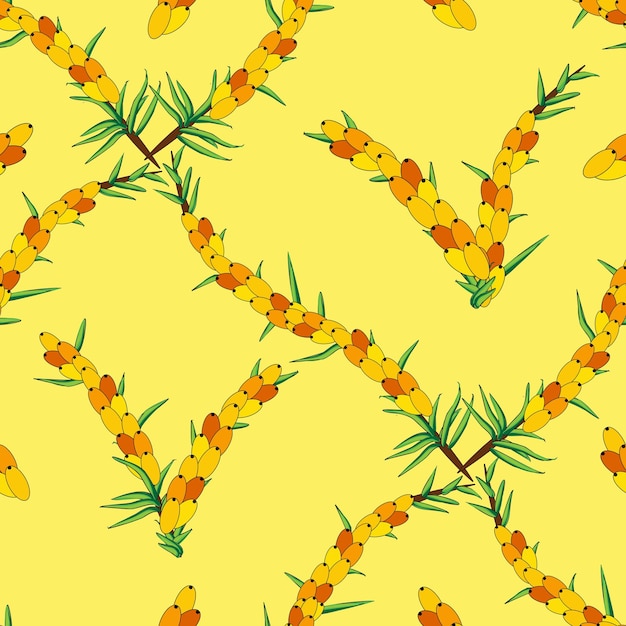 Sea buckthorn seamless pattern Twigs with berries and leaves Template with orange fresh berries for wallpaper