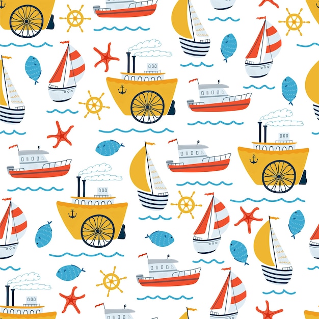 Sea children's seamless pattern with sailing ship, yacht, steamship