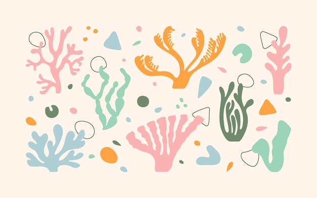 Sea corals drawing in Matisse style. Different abstract shapes.