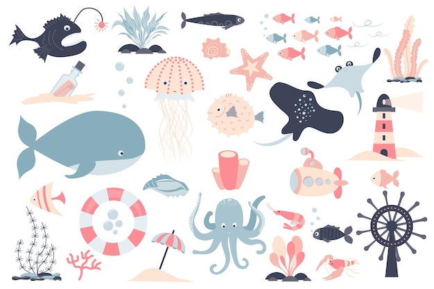 Sea creature and plants isolated elements set Collection of fishes crab jellyfish submarine