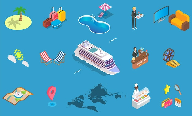 Sea cruise icon set. Vector isometric illustration of passenger cruise liner and beach vacation items. Voyage, summer holiday, sea travel concept.