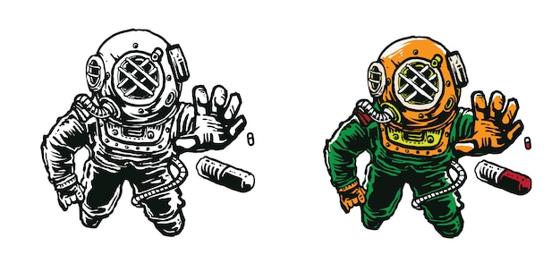 sea diver helmet astronaut reach capsule art cartoon art illustration for apparel design