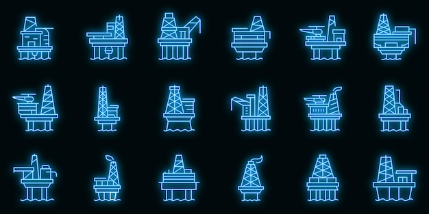 Sea drilling rig icons set vector neon