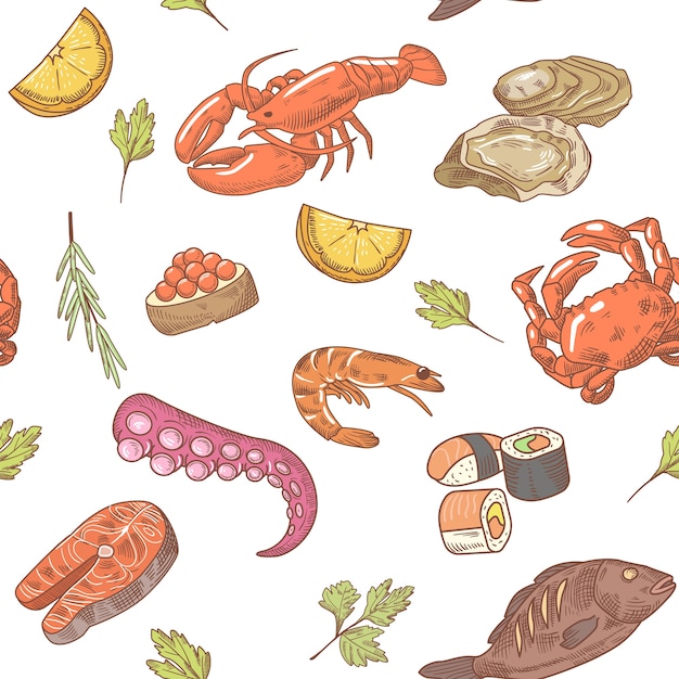 Sea Food Hand Drawn Seamless Pattern