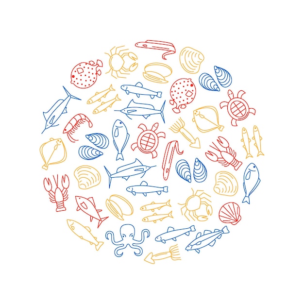 Sea Food Thin Line Round Design Template Vector