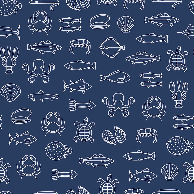 Sea Food Thin Line Seamless Pattern Background Vector