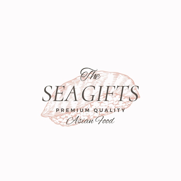 Sea Gifts Asian Food Abstract Sign, Symbol or Logo Template. Hand Drawn Sushi or Sashimi and Retro Typography. Japanese Cuisine Vector Emblem Concept. Isolated.