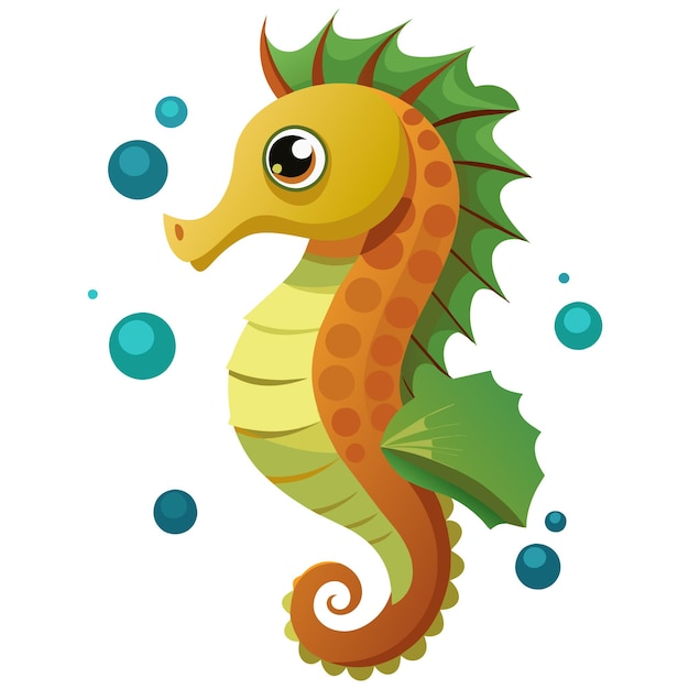 A sea horse with bubbles and a black background is shown in this image it is a seahorse with a gree