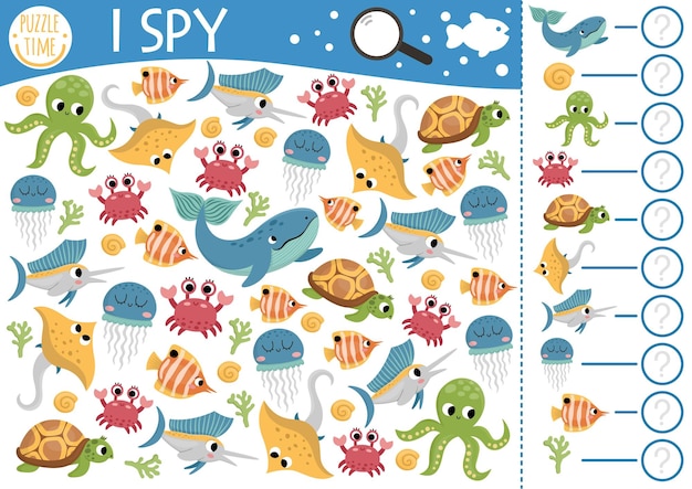 Vector under the sea i spy game for kids searching and counting activity with fish whale octopus crab turtle jellyfish ocean life printable worksheet for preschool children simple water spotting puzzlexa