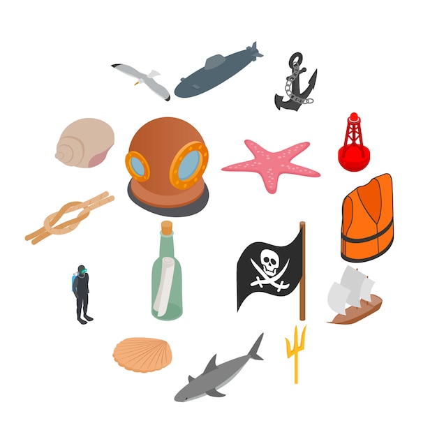 Sea icon set, isometric style