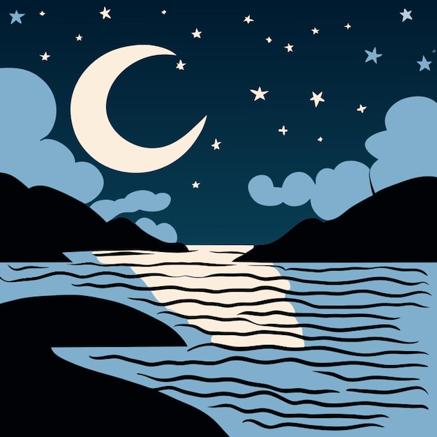 Vector sea landscape with moon and stars in sky at night vector illustration cartoon