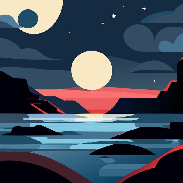 Vector sea landscape with moon and stars in sky at night vector illustration cartoon