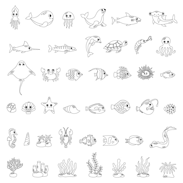 Sea life animal collection black and white Coloring set