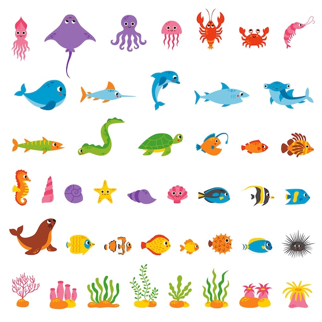 Sea life animal collection in cartoon style