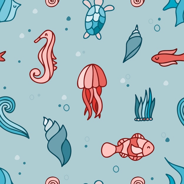 Sea life baby vector seamless pattern