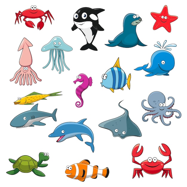 Sea life or cartoon underwater animal isolated Smiling sea fish and ocean animals