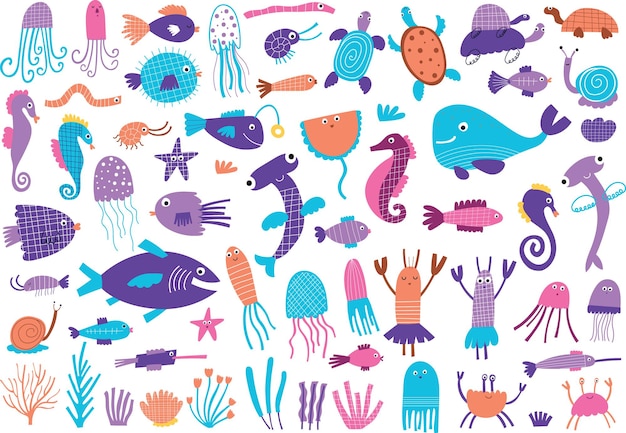 Sea life clipart. Ocean world set. Vector illustration.