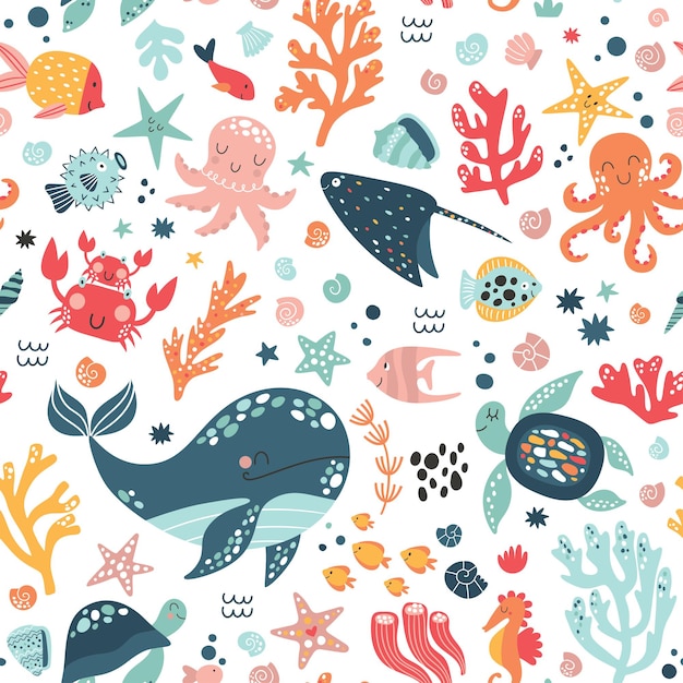 Sea life cute vector pattern Vector illustration for kids design wallpaper wrapping textile