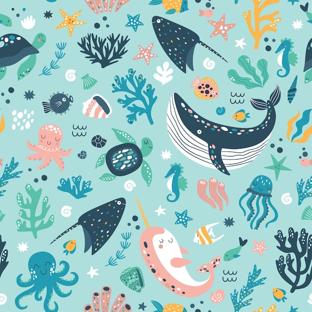 Sea life cute vector pattern Vector illustration for kids design wallpaper wrapping textile