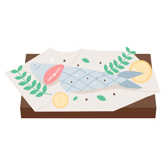 Sea life illustration Fish on a tray with herbs and lemon