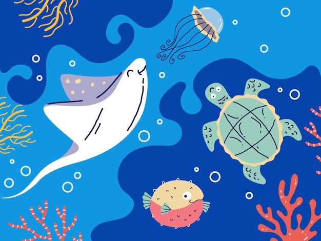 Vector sea life ocean underwater animals composition concept vector graphic design illustration element