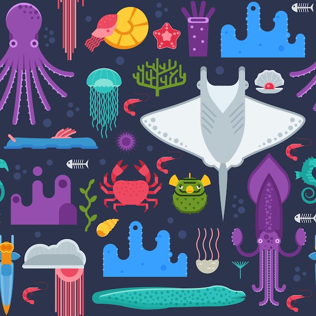 Sea life pattern with different marine animals Underwater creatures aquatic seamless background