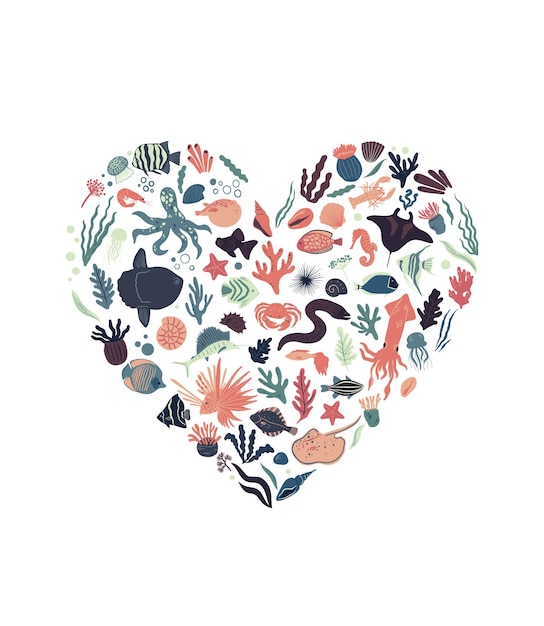 Sea life poster heart shaped with tropical fishes jellyfishes squid corals seaweed and shells