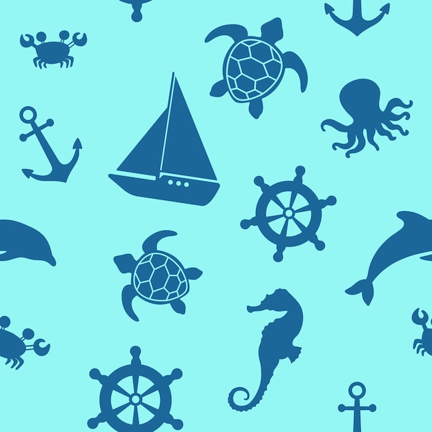 Sea life seamless pattern Vector illustration of seahorse turtle octopus and boat Marine seamless pattern for boy textile