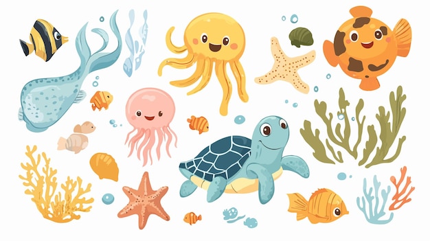 Vector sea life vector set ocean creatures cute turtle