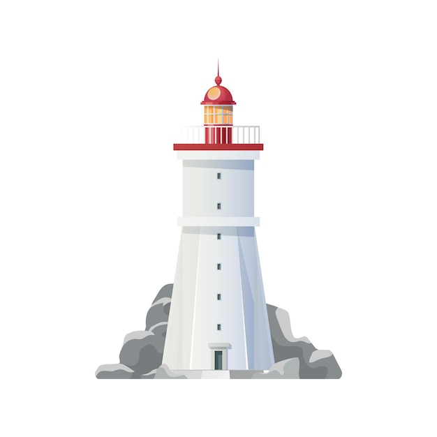 Sea lighthouse icon of beacon tower and rocks