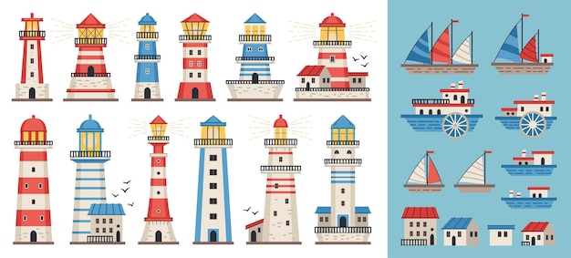 Sea lighthouse set Sea flat style pharos or beacon collection