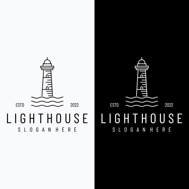 Sea lighthouse tower building creative Logo design with spotlights vintage vector template