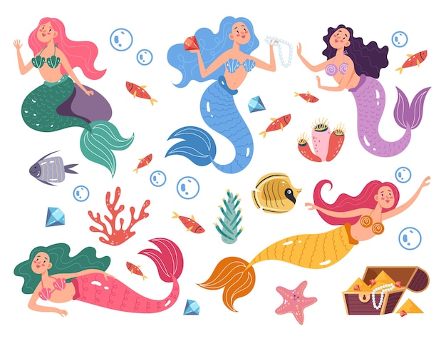 Sea mermaids characters on sea bottom with treasure isolated set